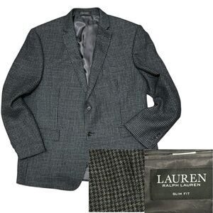 Lauren Ralph Lauren Sport Coat 48R Gray Blue Houndstooth Wool Blazer Slim Fit